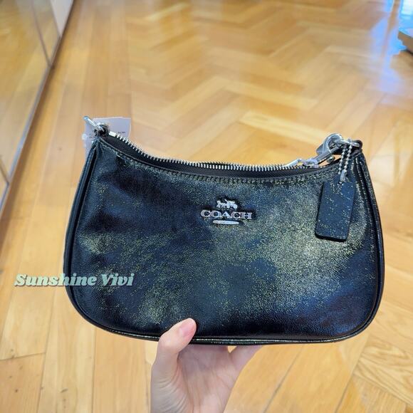 NWT COACH Teri Shoulder Bag w/Pouch CCD78 Silver/Black Crinkle Patent Leather - Picture 1 of 16